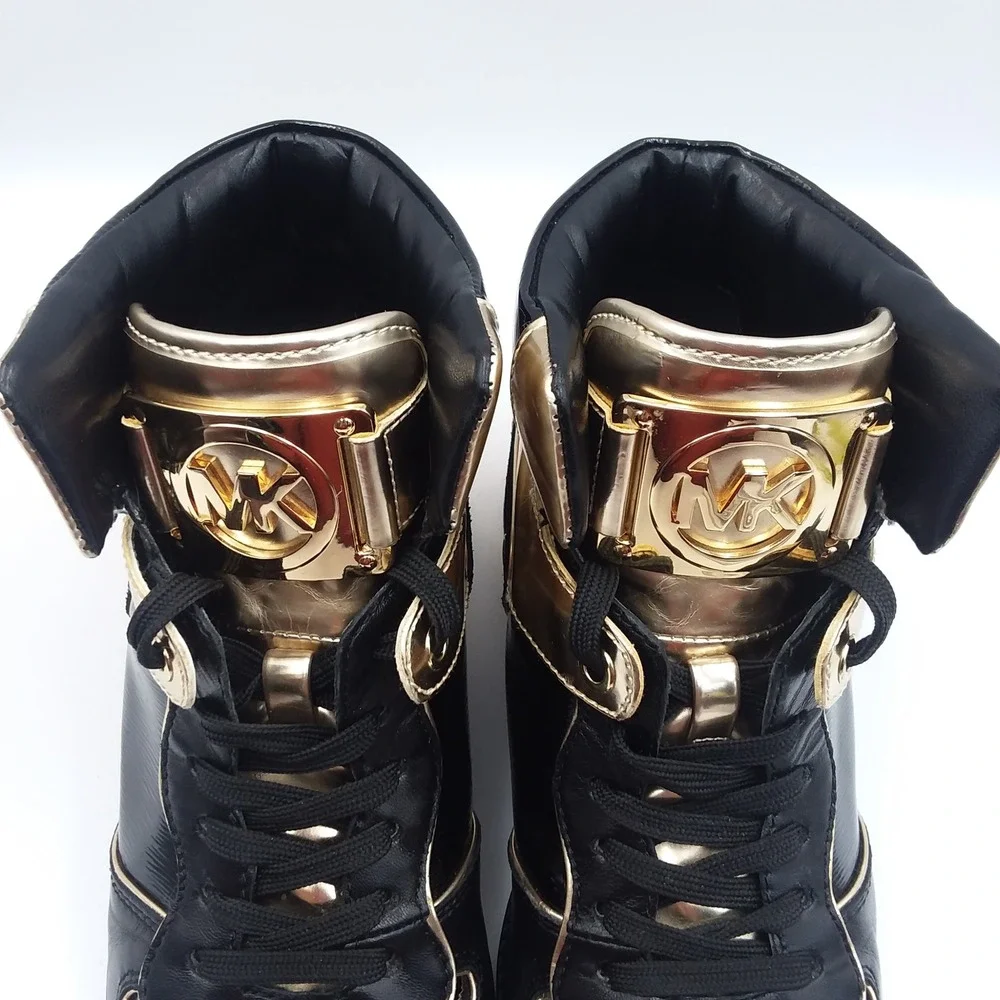 Michael Kors Nikko High-Top Wedge Sneakers Black Gold Patent‎ Leather Women's 8M